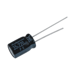 Capacitor Electrolítico Radial en Aluminio de 220 µFd, 35 Vcc, 105 °C, 10 x 12.5 mm.