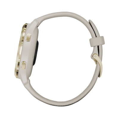 Reloj Garmin Venu 2S color beige en bisel de acero inoxidable, con funciones premium como almacenamiento y reproducción de hasta 2000 canciones.