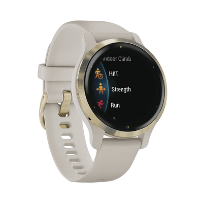 Reloj Garmin Venu 2S color beige en bisel de acero inoxidable, con funciones premium como almacenamiento y reproducción de hasta 2000 canciones.