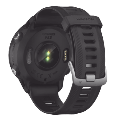 Reloj Garmin Forerunner 955 color negro en correa de silicón, con funciones premium de entrenamiento.
