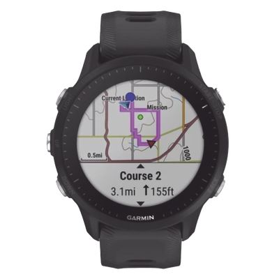 Reloj Garmin Forerunner 955 color negro en correa de silicón, con funciones premium de entrenamiento.