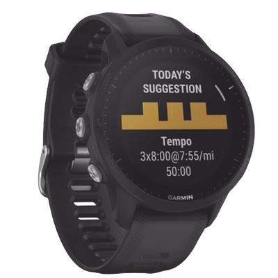 Reloj Garmin Forerunner 955 color negro en correa de silicón, con funciones premium de entrenamiento.