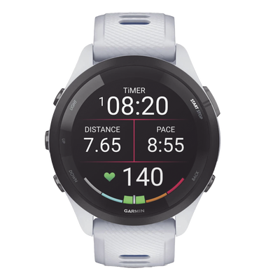 Forerunner® 265, Bisel negro con carcasa en blanco y correa de silicona en blanco/azul