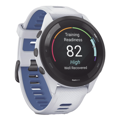 Forerunner® 265, Bisel negro con carcasa en blanco y correa de silicona en blanco/azul