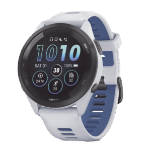 Forerunner® 265, Bisel negro con carcasa en blanco y correa de silicona en blanco/azul Forerunner® 265, Bisel negro con carcasa en blanco y correa de silicona en blanco/azul