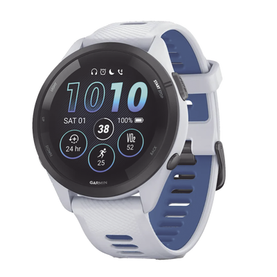 Forerunner® 265, Bisel negro con carcasa en blanco y correa de silicona en blanco/azul