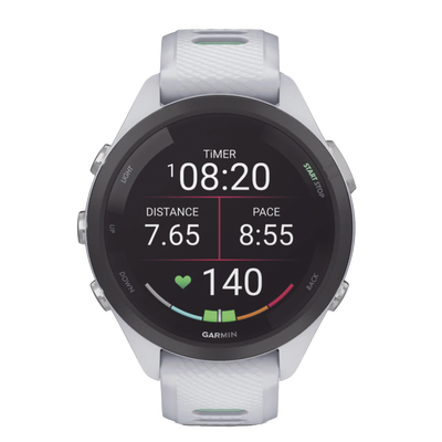Forerunner® 265S, Bisel negro con carcasa en blanco y correa de silicona en blanco/verde