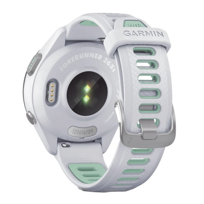 Forerunner® 265S, Bisel negro con carcasa en blanco y correa de silicona en blanco/verde