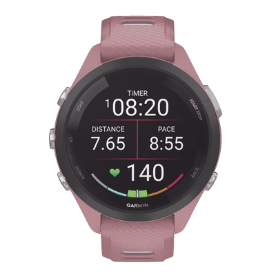 Forerunner® 265S, Bisel negro con carcasa en rosa y correa de silicona en rosa/gris Forerunner® 265S, Bisel negro con carcasa en rosa y correa de silicona en rosa/gris