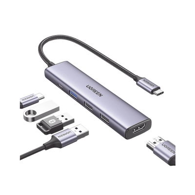 HUB USB-C (Docking Revodok) 5 en 1 | 1 USB-A 3.0 (5Gbps) | 2 USB-A 2.0 (5Gbps) | HDMI 2.0 4K@30Hz | USB-C PD Carga 100W | Cable Trenzado Duradero | Carcasa de Aluminio.