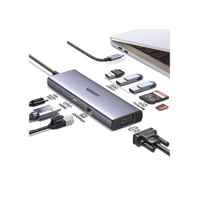 HUB USB-C (Docking Station) 9 en 1 | 3 USB-A 3.0 | USB-C PD Carga 100W | HDMI 4K@30Hz | RJ45 (Gigabit Ethernet) | VGA | Lector Tarjetas SD + Micro SD (TF) Uso Simultáneo | Chip de Última Generación | Caja de Aluminio.