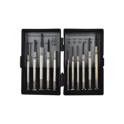 Juego de 11 Mini-desarmadores de Precisión; 6-Planos, 3-Phillips, 1-Punzón y 1-Magneto, almacenados en estuche de plástico. Juego de 11 Mini-desarmadores de Precisión; 6-Planos, 3-Phillips, 1-Punzón y 1-Magneto, almacenados en estuche de plástico.