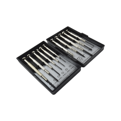 Juego de 11 Mini-desarmadores de Precisión; 6-Planos, 3-Phillips, 1-Punzón y 1-Magneto, almacenados en estuche de plástico. Juego de 11 Mini-desarmadores de Precisión; 6-Planos, 3-Phillips, 1-Punzón y 1-Magneto, almacenados en estuche de plástico.