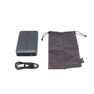 Power Bank de 20000mAh | 3 Salidas 100W Max. | USB-A + 2 USB-C | PD 3.0 | QC3.0 | FCP | SCP | Pantalla Inteligente | Carcasa Ignifuga | Color Gris | Incluye Cable USB de 50cm | Carga tu Laptop de Manera Segura.