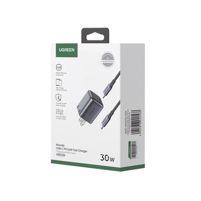 Combo Cargador Nexode Mini 30W PD GaN Tech + Cable USB-C 60W | Tecnología Inteligente | Carga Rápida | Carcasa Ignifuga | Cable de 1 Metro | Carcasa de Aluminio | Nylon Trenzado.