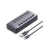HUB de 7 Puertos USB 3.0 / 4 puertos de Carga Inteligente / Interruptor Individual / Indicadores LED / USB 3.0 a 5Gbps / 1 USB-C Hembra (solo datos) / Incluye Adaptador de Corriente 12V 2A / 7 en 1