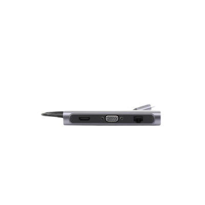 HUB USB-C Docking Station) 9 en 1 | 3 USB-A 3.0 | USB-C PD Carga 100W | HDMI 4K@30Hz | RJ45 (Gigabit Ethernet) | VGA | Lector Tarjeta SD + Micro SD (TF) Uso Simultaneo | Carcasa de Aluminio.