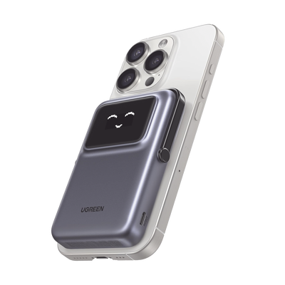 Power Bank Serie UNO Inalambrico | 10000mAh | 7.5W/20W | Con Emojis de Estado | Carga Rápida USB-C Bidireccional | Pantalla TFT Inteligente | Con Holder | Color Grey.
