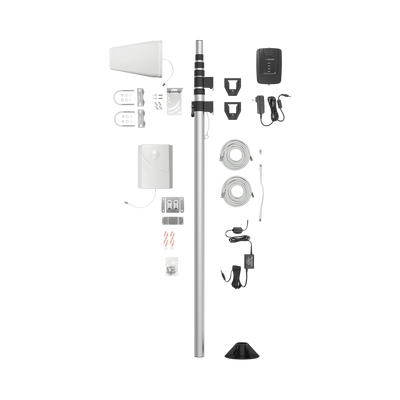 Kit de Amplificador de Señal Celular para Vehículo Recreacional u Oficina Móvil | 4G LTE 3G y 2G | 65 dB de Ganancia | Incluye Mástil Telescópico para Antena Exterior
