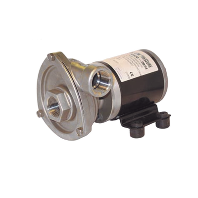 Bomba centrifuga Cyclone de baja presión a 12 Vcd, caudal de hasta 29 GPM, presión máxima de 8.7 psi, en acero inoxidable.