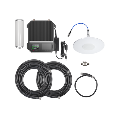 KIT Amplificador de señal celular 4G LTE, 3G y VOZ. Especial para cubrir áreas de hasta 1600 m² por ser de grado comercial e industrial. Soporta múltiples operadores, tecnologías y usuarios.