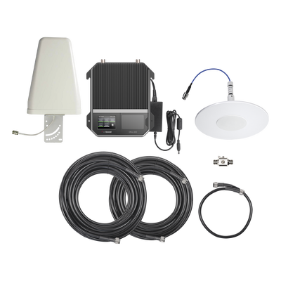 KIT Amplificador de señal celular 4G LTE, 3G y VOZ con antena direccional. Especial para cubrir áreas de hasta 4300 Metros Cuadrados por ser de grado comercial e industrial. Soporta múltiples operadores, tecnologías y usuarios.