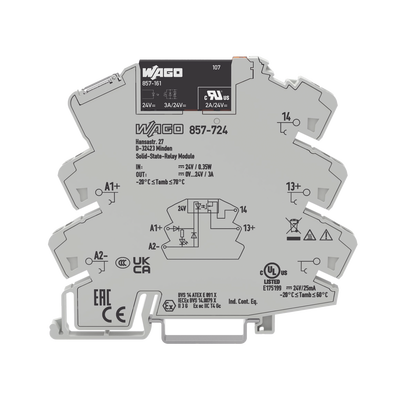 Relé estado sólido 24 vcc; rango de tensión de salida 0…24 vdc corriente permanente limite 3A