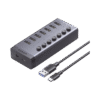 HUB de 7 Puertos USB 3.0 / 4 puertos de Carga Inteligente / Interruptor Individual / Indicadores LED / USB 3.0 a 5Gbps / 1 USB-C Hembra (solo datos) / Incluye Adaptador de Corriente 12V 2A / 7 en 1