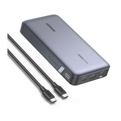 Power Bank de 25000mAh | 3 Salidas 145W Max. | USB-A + 2 USB-C | PD 3.0, QC3.0 | FCP | SCP | Pantalla Inteligente | Carcasa Ignifuga | Color Gris | Incluye Cable USB de 50cm | Carga tu Laptop de Manera Segura.