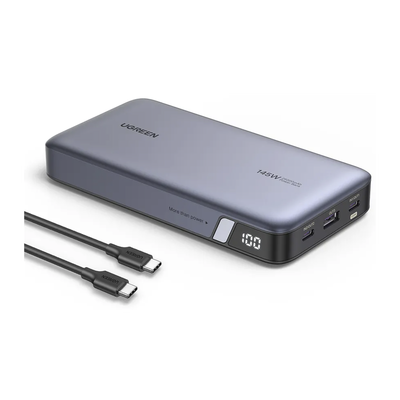 Power Bank de 25000mAh | 3 Salidas 145W Max. | USB-A + 2 USB-C | PD 3.0, QC3.0 | FCP | SCP | Pantalla Inteligente | Carcasa Ignifuga | Color Gris | Incluye Cable USB de 50cm | Carga tu Laptop de Manera Segura.