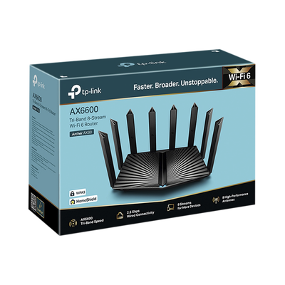 Router WiFi 6 Triple Banda AX6600 MU-MIMO / 1 Puerto WAN/LAN 2.5 Gbps / 1 Puerto WAN/LAN 1Gbps / 3 Puertos LAN 1Gbps / 2 puerto USB 3.0 / OneMesh ™ / Adminitración App (Tether) o Página web / Protección HomeShield