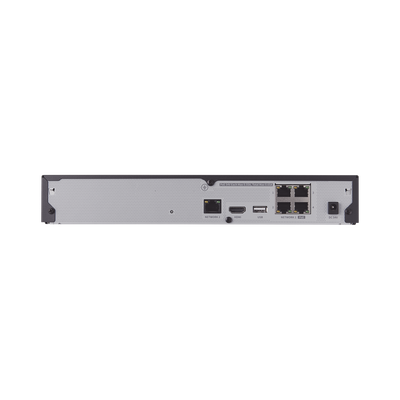 NVR 4 canales grabacion hasta 8MP / H.265, H.264 / P2P Wisenet / 4 puertos PoE Plug and play / soporta 1 disco duro (no incluido).