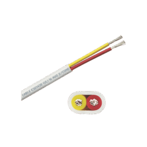 Rollo de cable plano grado marino calibre 16, de 2 conductores (rojo y amarillo) de 250 pies (76.2 m). Rollo de cable plano grado marino calibre 16, de 2 conductores (rojo y amarillo) de 250 pies (76.2 m).