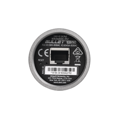 Radio Doble Banda Bullet airMAX AC IP67 hasta 160 Mbps en 2.4 GHz (2412-2472 MHz) o 300 Mbps en 5 GHz (5150-5875 MHz)