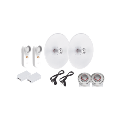 Enlace completo de 2 radios C5X con antenas UD-TP-27 (27 dBi), rango de frecuencia extendida (5.1 a 6.4 GHz), incluye inyector POE y cable de alimentación y adaptador para la antena