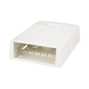 Caja de Montaje en Superficie, Con Accesorio para Resguardo de Fibra Óptica, Para 12 Módulos Mini-Com, Color Blanco Mate Caja de Montaje en Superficie, Con Accesorio para Resguardo de Fibra Óptica, Para 12 Módulos Mini-Com, Color Blanco Mate