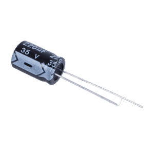 Capacitor Electrolítico Radial en Aluminio de 220 µFd, 35 Vcc, 105 °C, 10 x 12.5 mm.