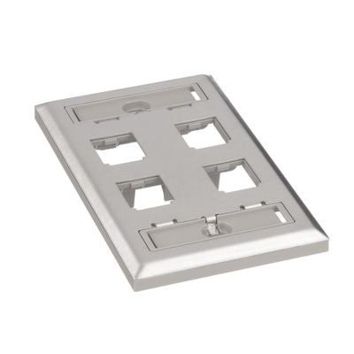 Placa de Pared Vertical, de Acero Inoxidable, Salida Para 4 Puertos Mini-Com, Con Espacios Para Etiquetas Placa de Pared Vertical, de Acero Inoxidable, Salida Para 4 Puertos Mini-Com, Con Espacios Para Etiquetas