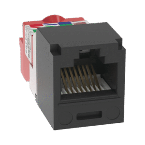 Conector Jack RJ45 Estilo T, Mini-Com, Categoría 5e, de 8 posiciones y 8 cables, Color Negro Conector Jack RJ45 Estilo T, Mini-Com, Categoría 5e, de 8 posiciones y 8 cables, Color Negro