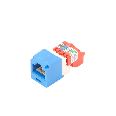 Conector Jack RJ45 Estilo T, Mini-Com, Categoría 5e, de 8 posiciones y 8 cables, Color Azul Conector Jack RJ45 Estilo T, Mini-Com, Categoría 5e, de 8 posiciones y 8 cables, Color Azul