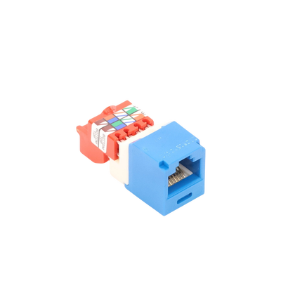 Conector Jack RJ45 Estilo T, Mini-Com, Categoría 5e, de 8 posiciones y 8 cables, Color Azul Conector Jack RJ45 Estilo T, Mini-Com, Categoría 5e, de 8 posiciones y 8 cables, Color Azul