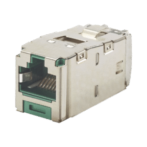Conector Jack RJ45 Blindado, Estilo TG, Mini-Com, Categoría 6A, de 8 posiciones y 8 cables, Color Verde Conector Jack RJ45 Blindado, Estilo TG, Mini-Com, Categoría 6A, de 8 posiciones y 8 cables, Color Verde