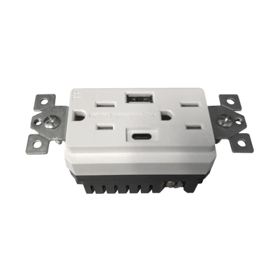 Contacto Dúplex con puertos USB Tipo A y C, 15 A, 100 - 240 V, USB 5 V, Incluye la Placa. Contacto Dúplex con puertos USB Tipo A y C, 15 A, 100 - 240 V, USB 5 V, Incluye la Placa.