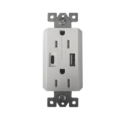 Contacto Dúplex con puertos USB Tipo A y C, 15 A, 100 - 240 V, USB 5 V, Incluye la Placa. Contacto Dúplex con puertos USB Tipo A y C, 15 A, 100 - 240 V, USB 5 V, Incluye la Placa.
