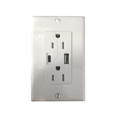 Contacto Dúplex con puertos USB Tipo A y C, 15 A, 100 - 240 V, USB 5 V, Incluye la Placa. Contacto Dúplex con puertos USB Tipo A y C, 15 A, 100 - 240 V, USB 5 V, Incluye la Placa.