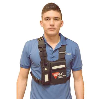 Pechera Universal con soporte para radio, sostén de bolígrafo y seguridad para la bolsa con cinta adherente. Logo TX-PRO.