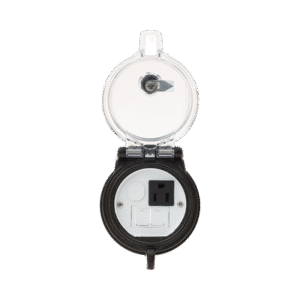 Dispositivo Circular de Puertos de Acceso a Datos, Con Dos Espacios Para Módulos Mini-Com y Un Receptáculo NEMA 5-15R, Protección IP66, de 3" de Diámetro Dispositivo Circular de Puertos de Acceso a Datos, Con Dos Espacios Para Módulos Mini-Com y Un Receptáculo NEMA 5-15R, Protección IP66, de 3" de Diámetro