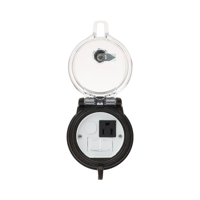 Dispositivo Circular de Puertos de Acceso a Datos, Con Dos Espacios Para Módulos Mini-Com y Un Receptáculo NEMA 5-15R, Protección IP66, de 3" de Diámetro Dispositivo Circular de Puertos de Acceso a Datos, Con Dos Espacios Para Módulos Mini-Com y Un Receptáculo NEMA 5-15R, Protección IP66, de 3" de Diámetro