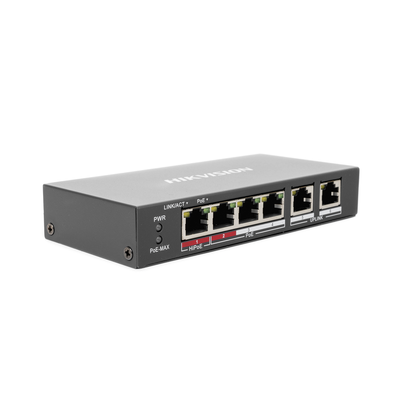 Switch PoE+ / No Administrable / 3 Puertos 10/100 Mbps 802.3 af/at (30 W) + 1 Puerto 10/100 Mbps Hi-PoE (60 W) / 2 Puertos 10/100 Mbps Uplink / Modo Extendido hasta 300 Metros / 60 W