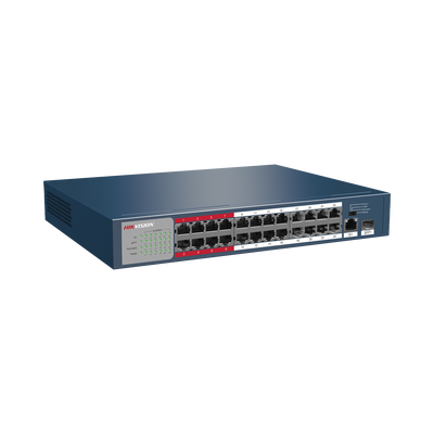 Switch PoE+ / No Administrable / 24 Puertos 10/100 Mbps PoE+ / 1 Puerto 1000 Mbps / 1 Puerto SFP Uplink / Modo Extendido hasta 300 Metros / 230 W